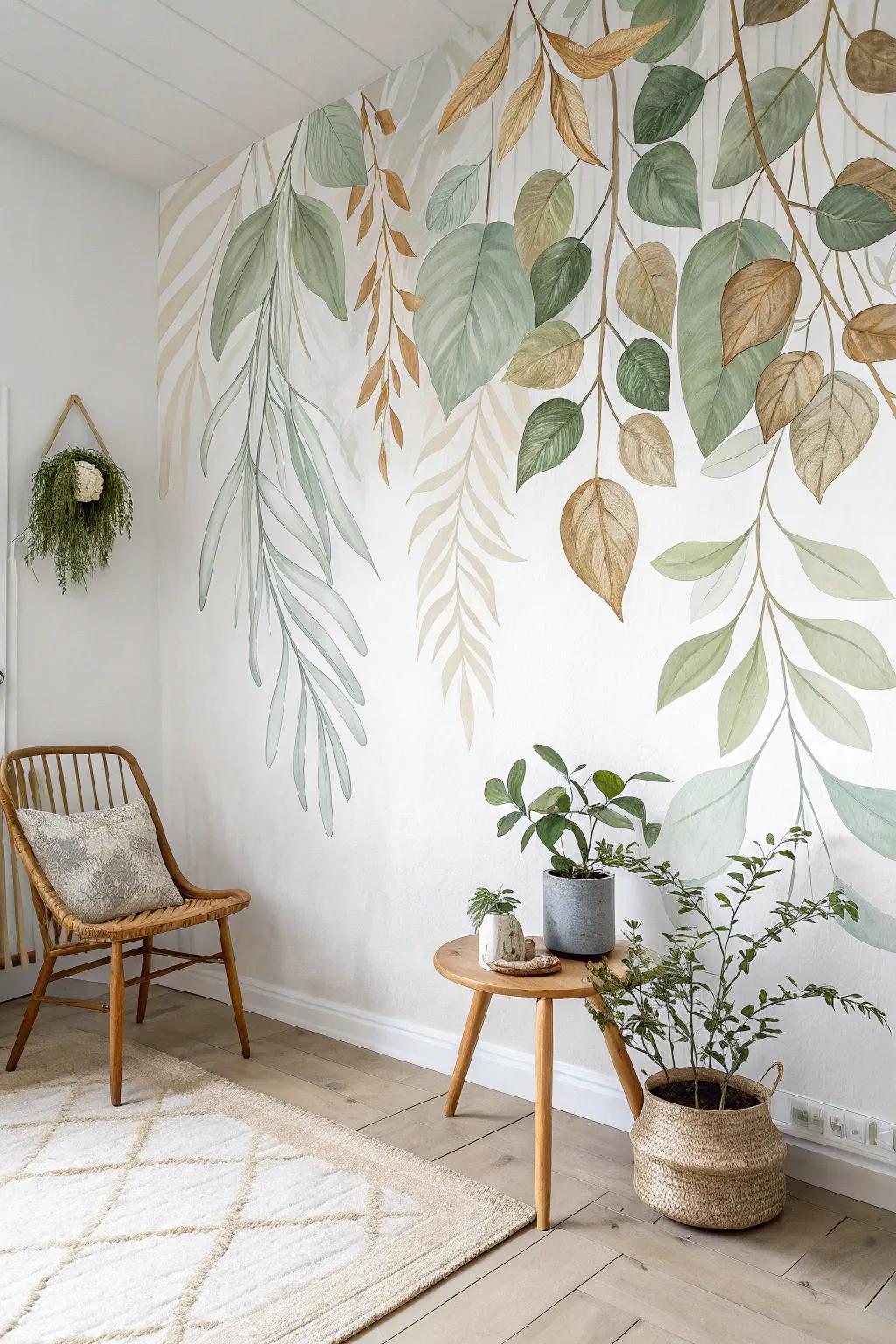 Embrace the genuine splendor of foliage with a stunning wall painting that transforms your space with simplicity and elegance.