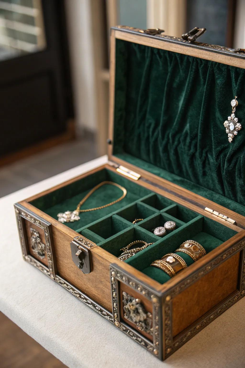 Discover the elegance of a vintage trunk reimagined as a luxurious jewelry box.
