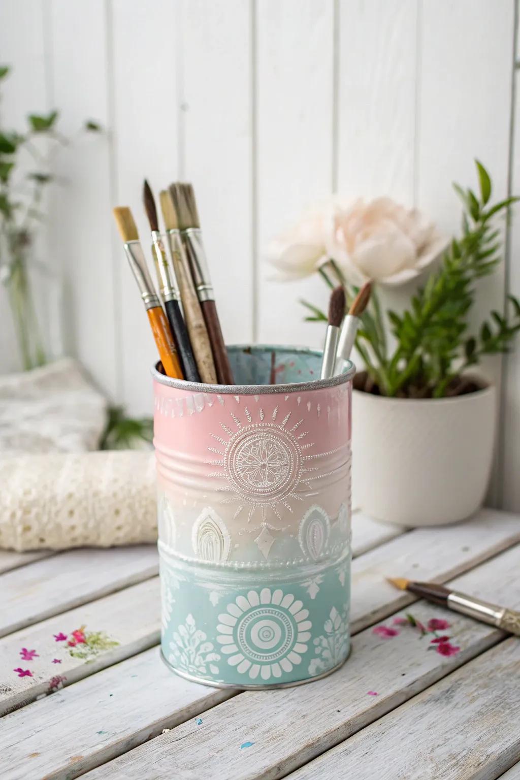 Upcycle with style: Transform tin cans into charming applicator holders for an artistic touch.