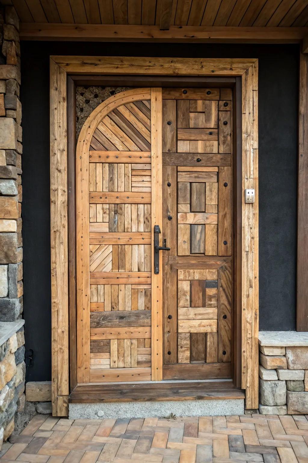 Unleash your ingenuity: a breathtaking patchwork door crafted from reclaimed pallet wood.