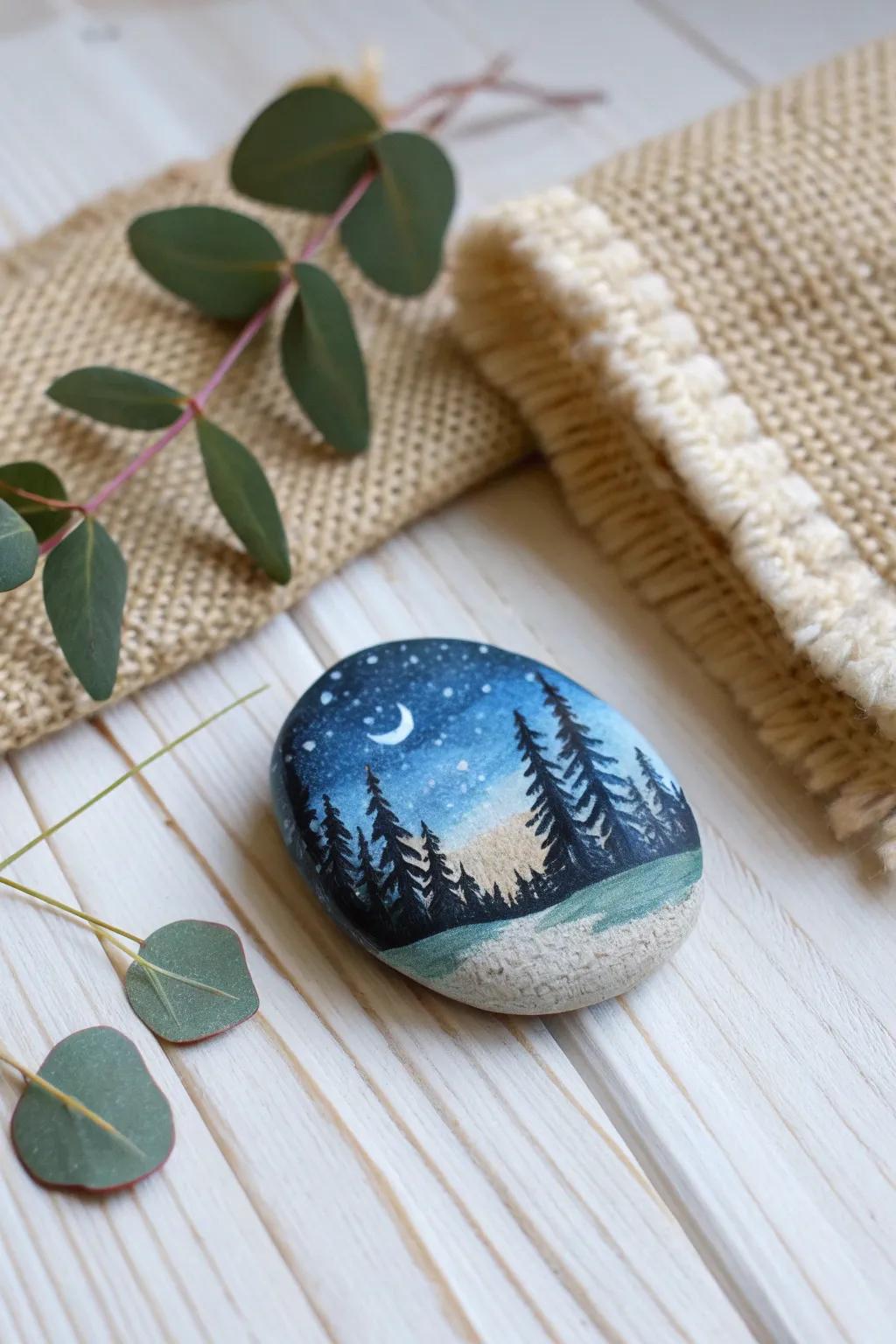 Uncover the beauty of miniature vistas on stones—a compact departure into nature's wonders.