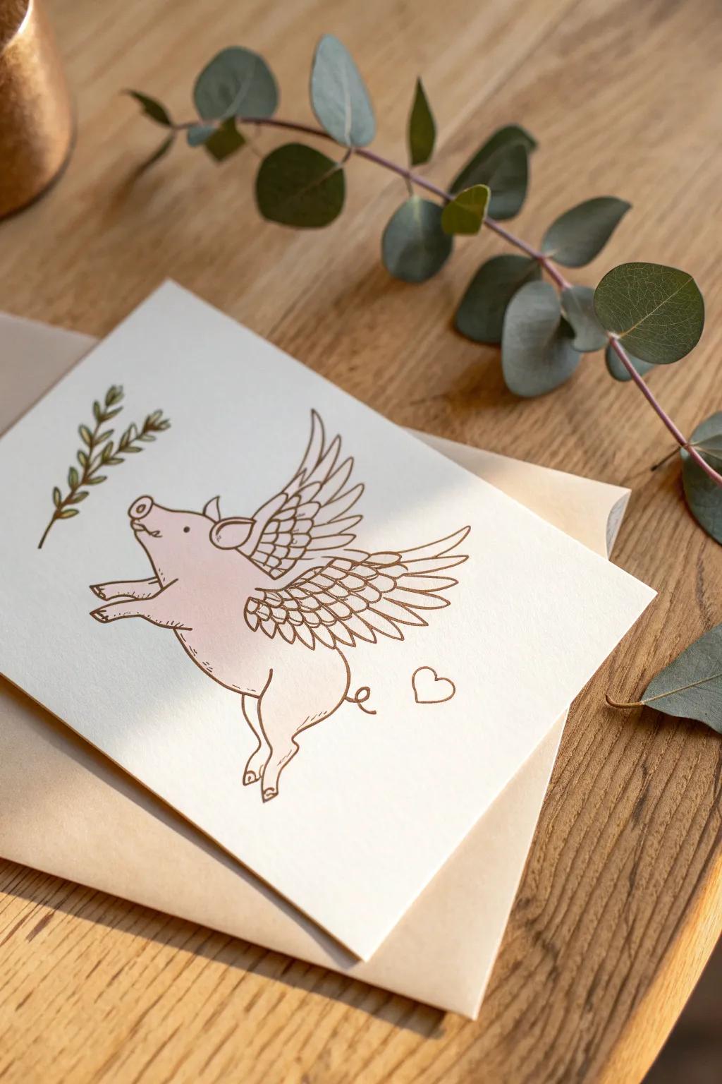 Capture the delight of whimsy using this delightful soaring pig card design, perfect for eliciting a smile!