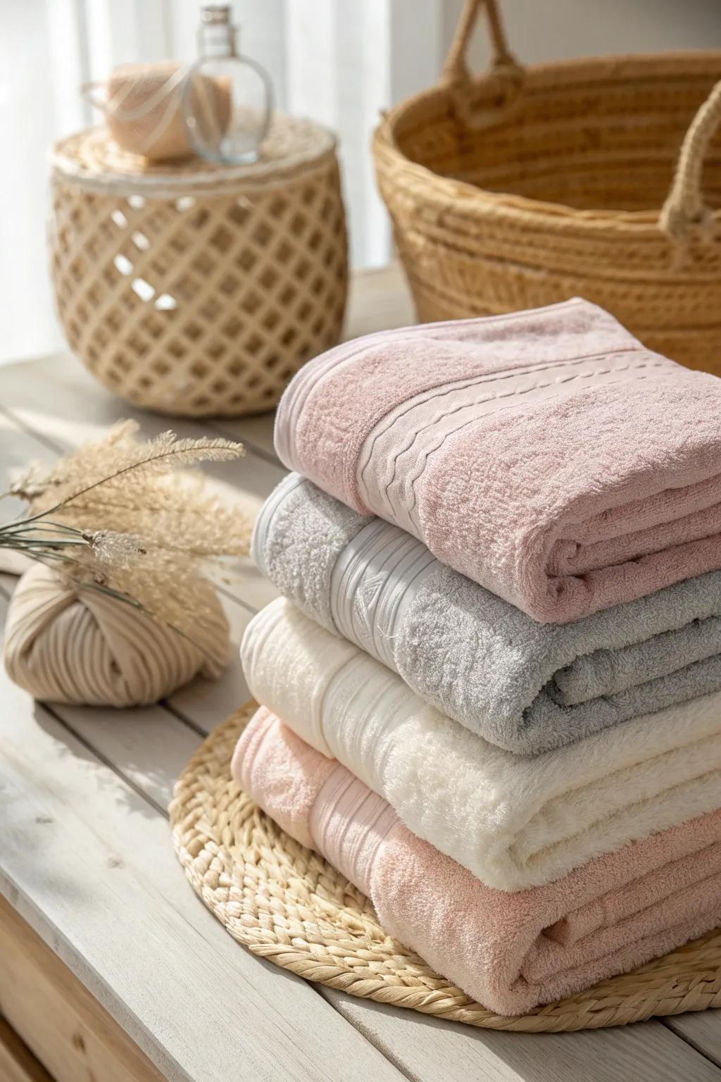 Elevate your bathroom decor with layered towel arrangements that blend minimalist charm and natural beauty.