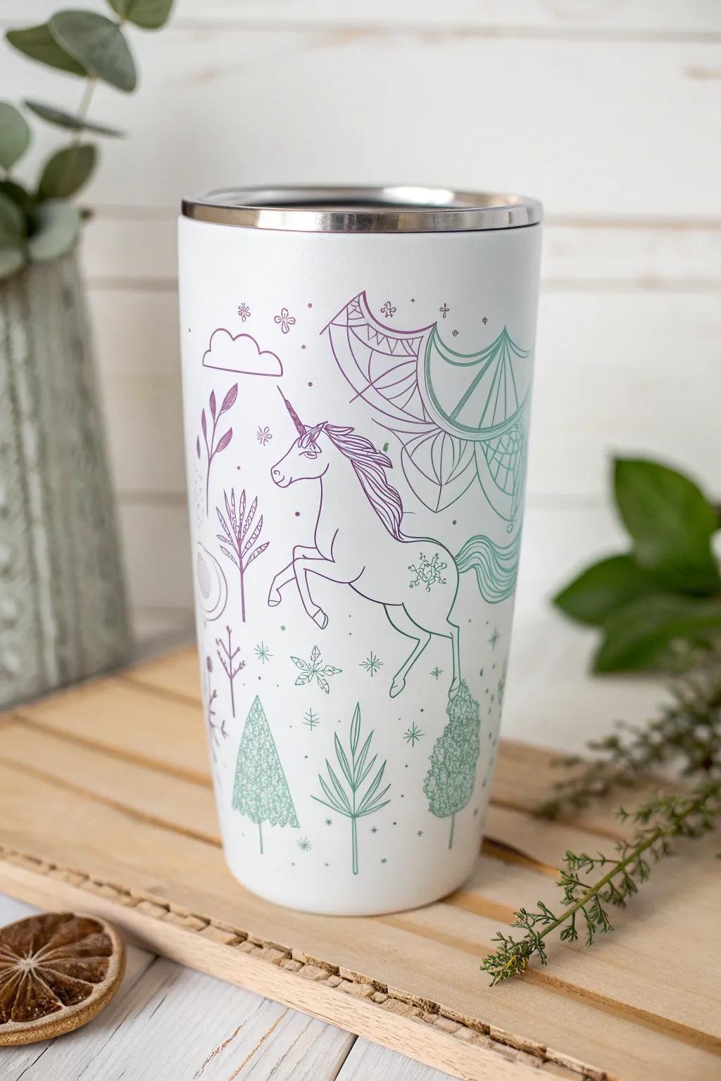 Step into a world of enchantment with this mystical tumbler design, where unicorns and fairies invite you to dream.