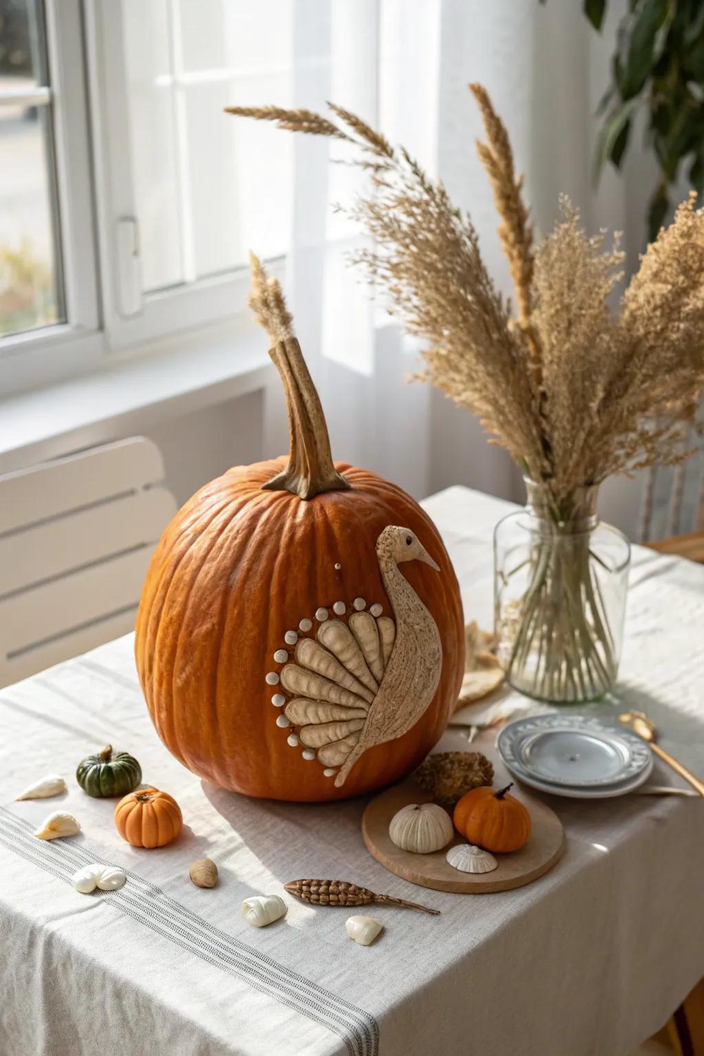 Transform your Thanksgiving décor with a beachy variation: a stunning turkey pumpkin adorned with seashell plumes!