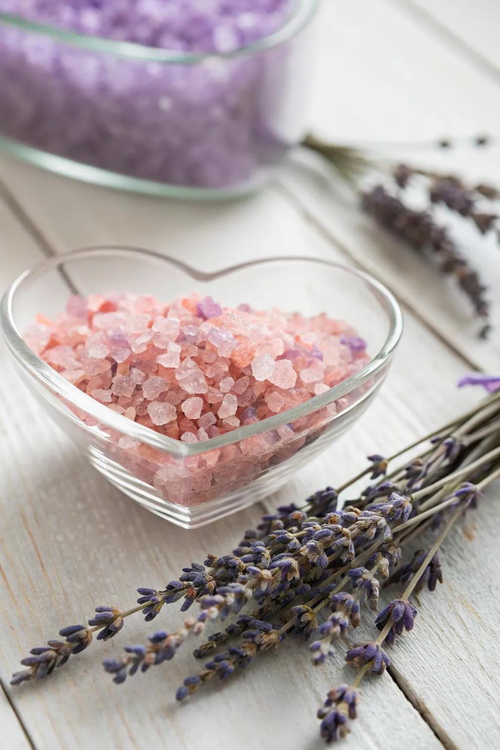 Capture the essence of relaxation with handmade Valentine's Day bath salts in heart-shaped elegance.