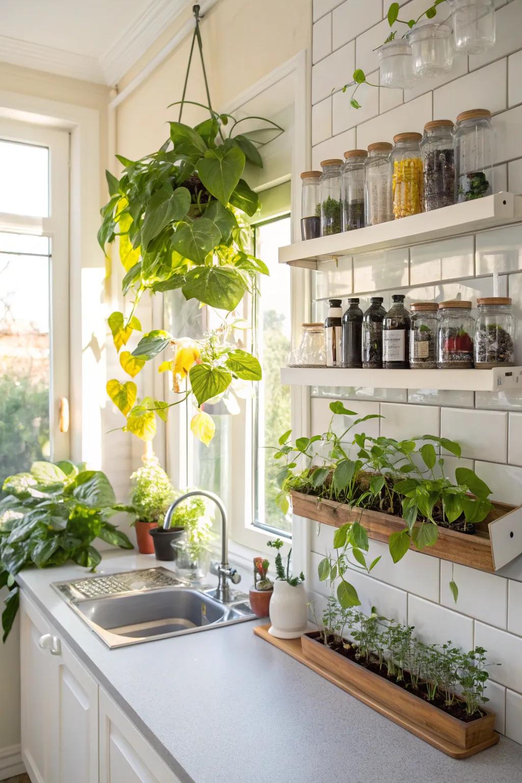A radiant cooking space showcasing wall-affixed proliferation stations, ideal for nurturing recent flora vitality.