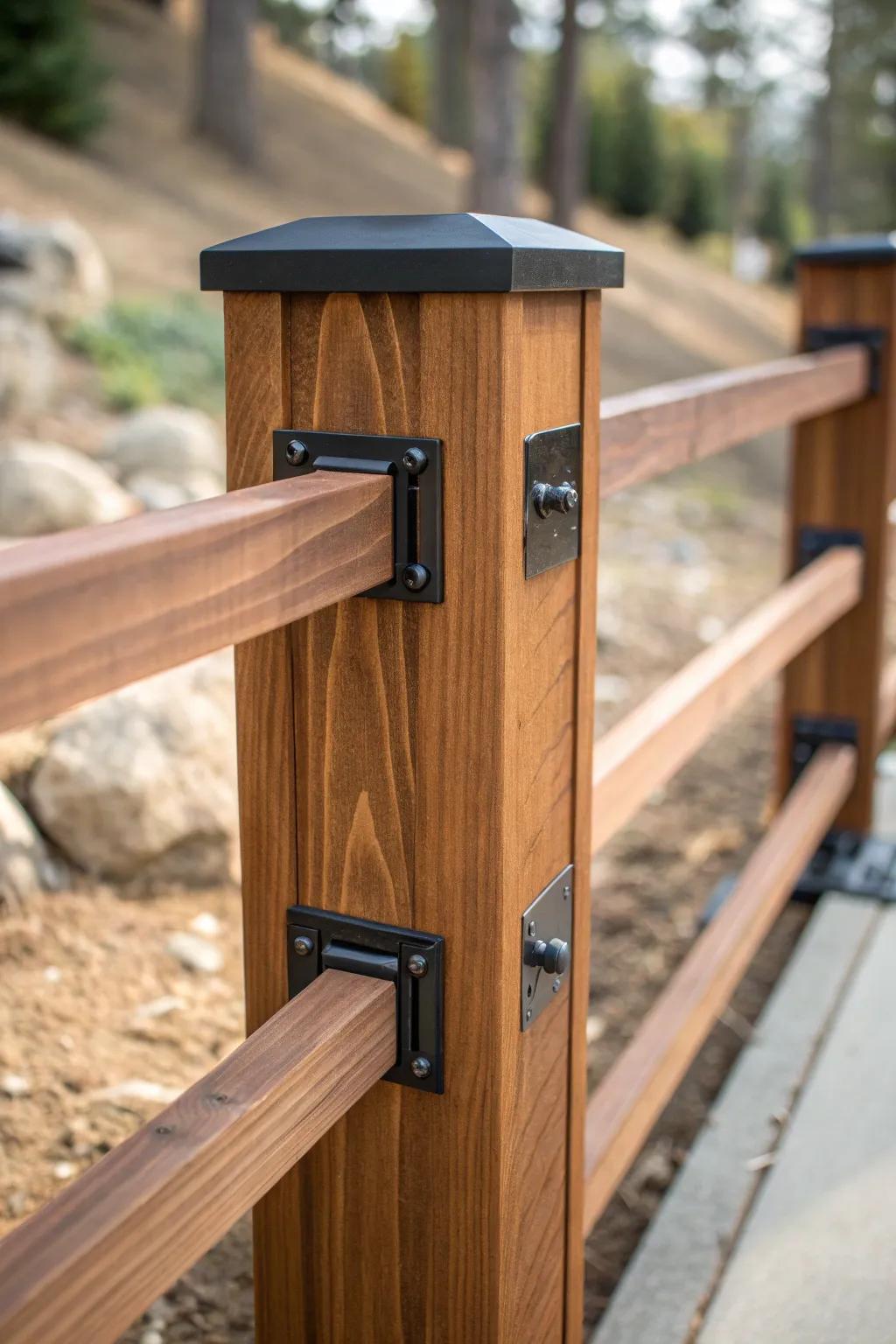 Uplift your fence conception with sleek ebony metal embellishments for a modern, industrial fringe.