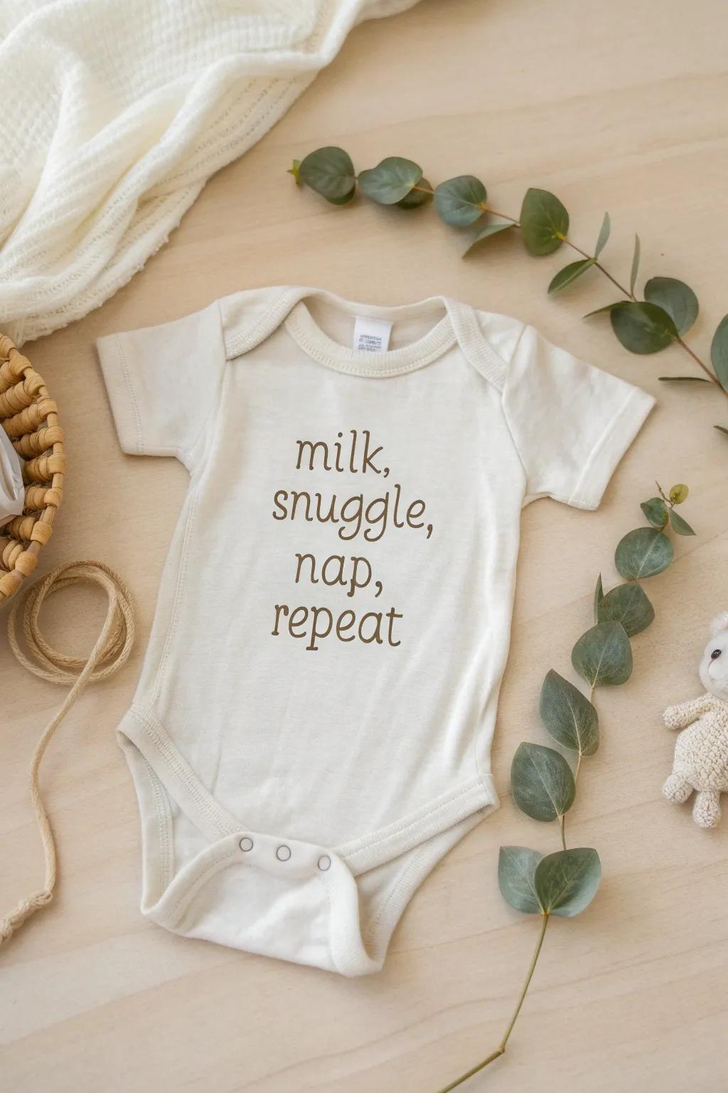 Delight in the snug routine with 'Munch, Cuddle, Snooze, Repeat'. Suitable for your little one's daily escapades.