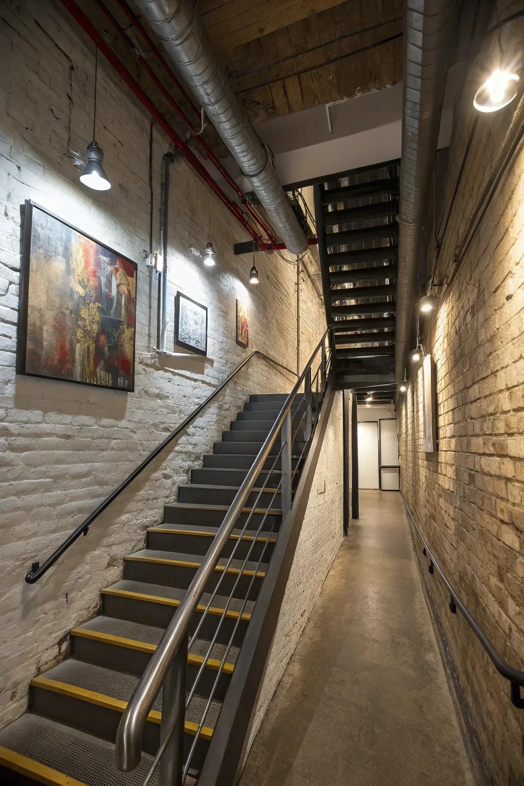 Tube railings give a mechanical edge to contemporary basement decor.