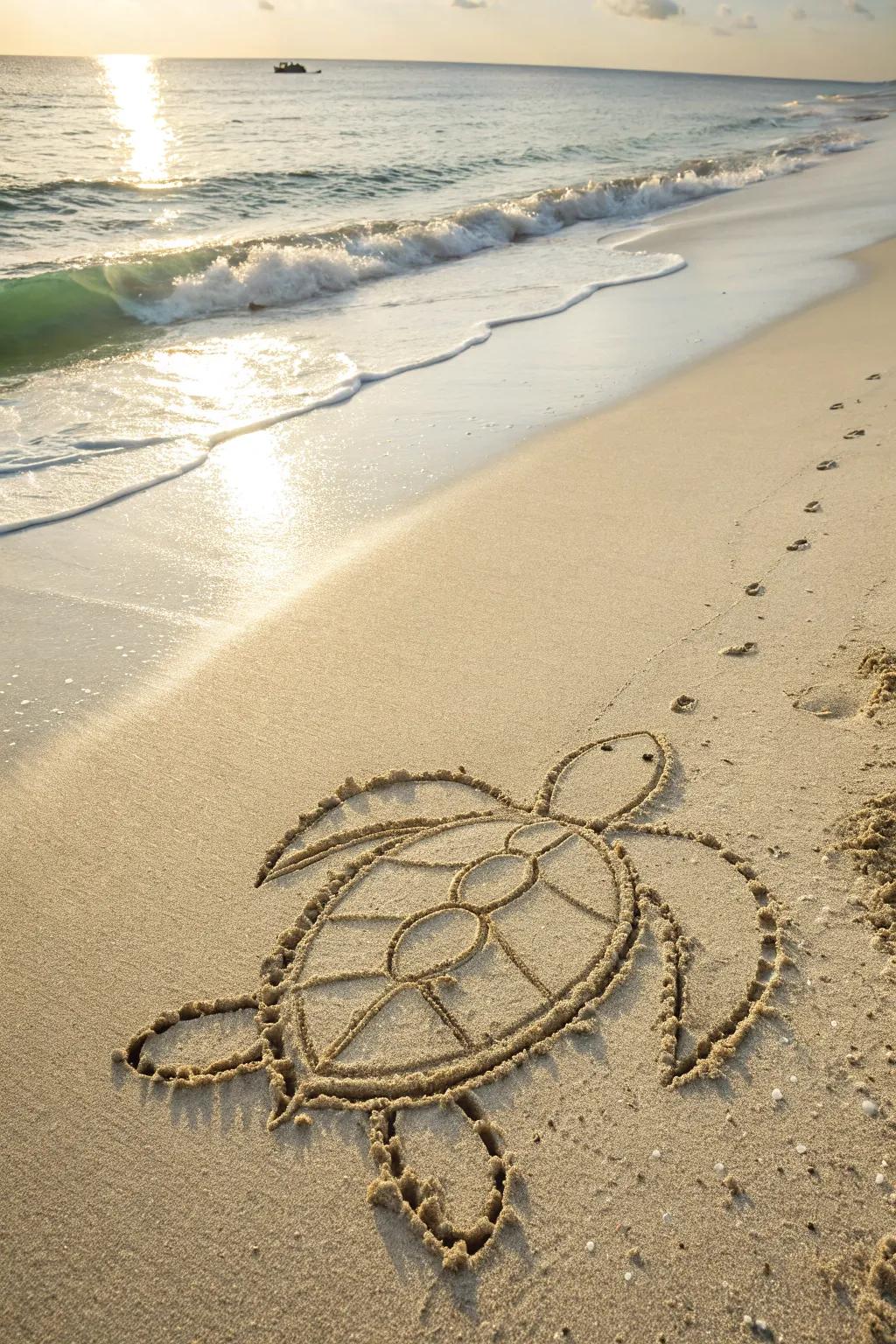 Capture the tranquility of the sea with this delicate sand-drawn sea turtle, a seamless fusion of minimalism and organic beauty.