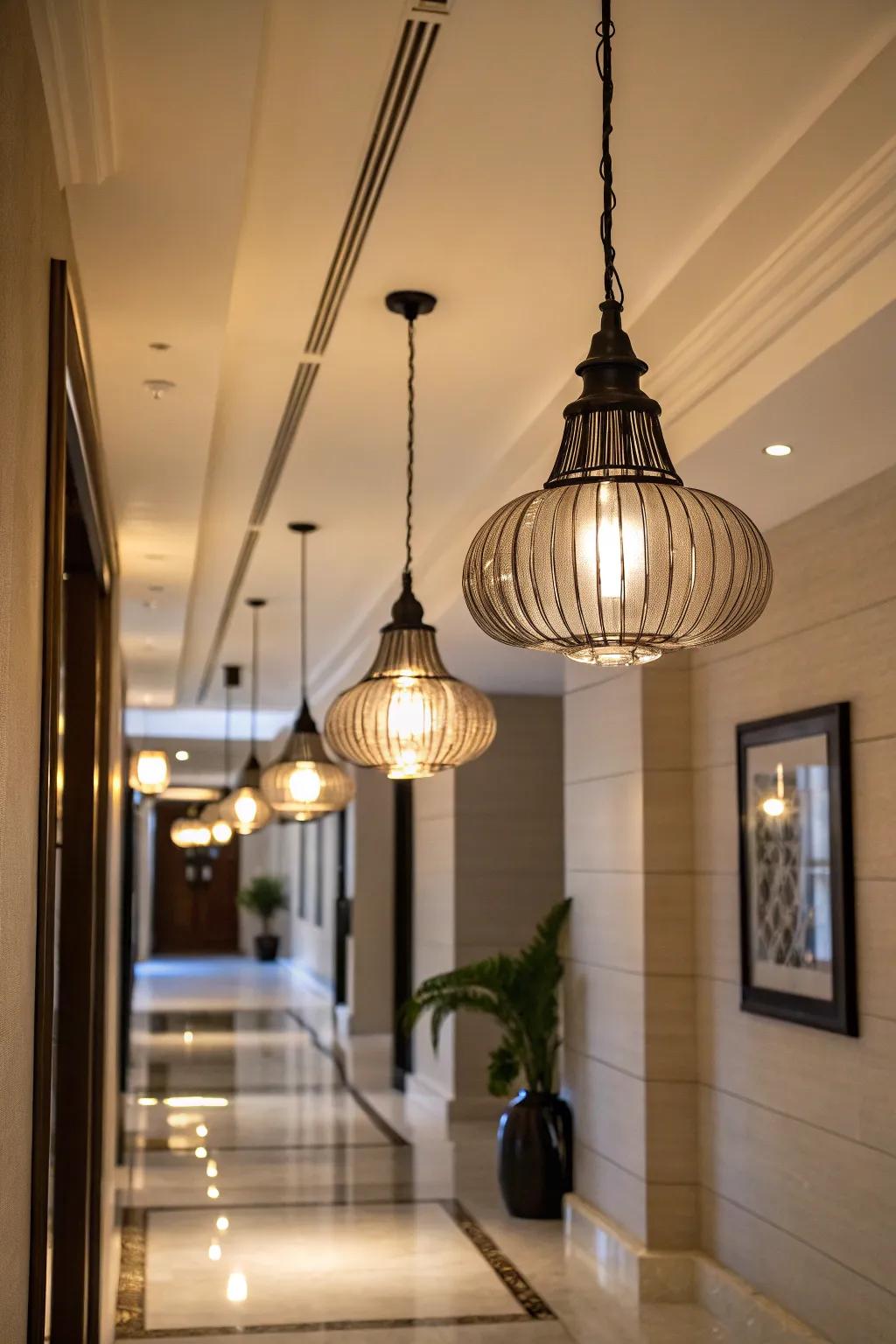 Suspended luminaires incorporate stylish and cozy elements into the corridor.