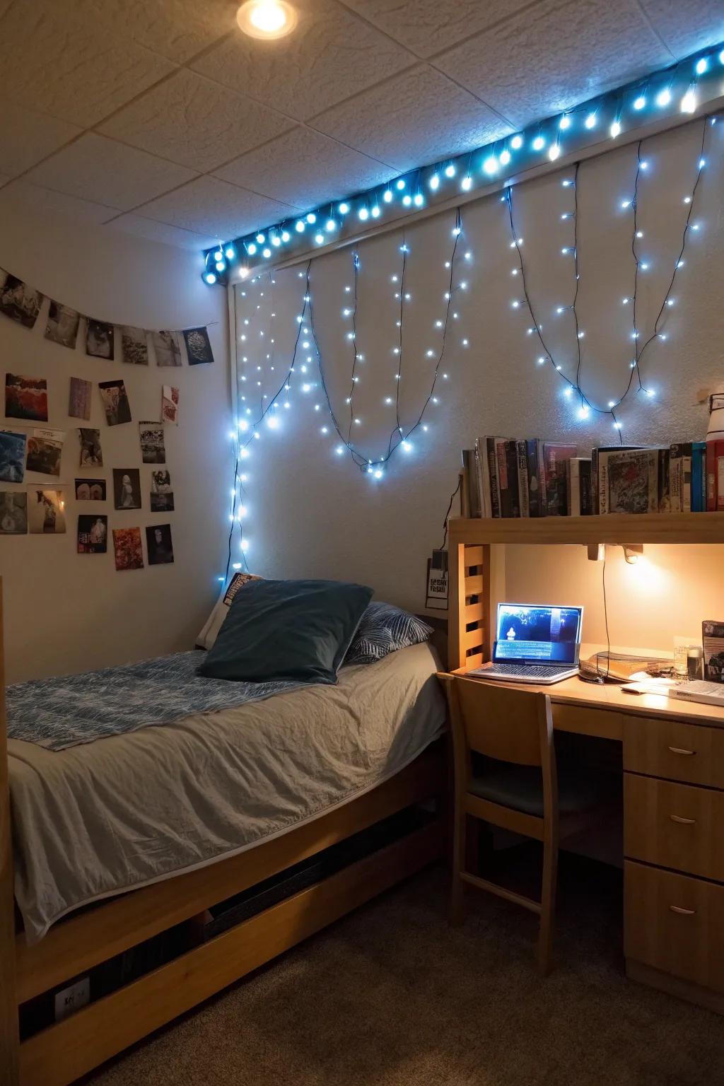 Azure filament lights append an eccentric feature to your dorm's embellishments.