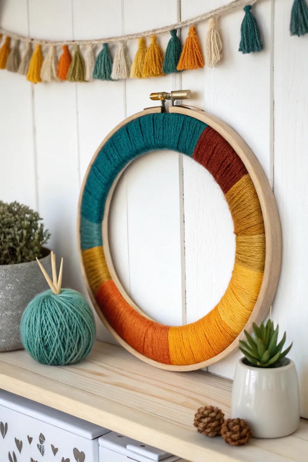 Transform your setting with a hint of boho style: vibrant thread-wrapped ring artwork that honors simplicity and color.