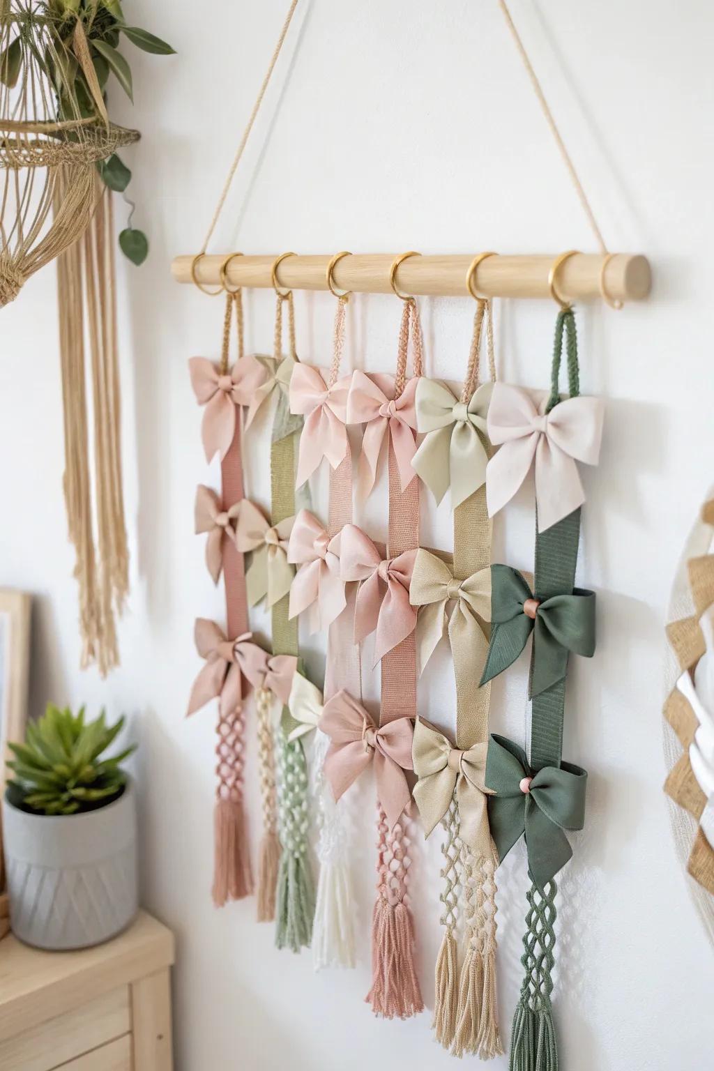 Introduce a whimsical flair to your crafting area with this refined ribbon and fastener display for organizing ribbons!