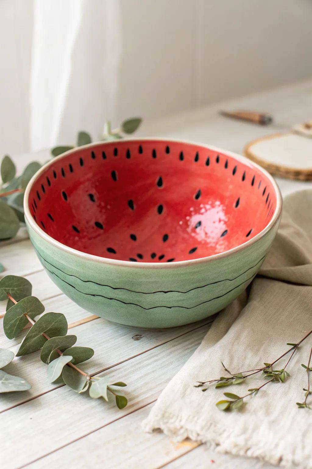 Embrace the essence of summer with this artisanal watermelon bowl, infusing a burst of color and cheer into your dwelling.