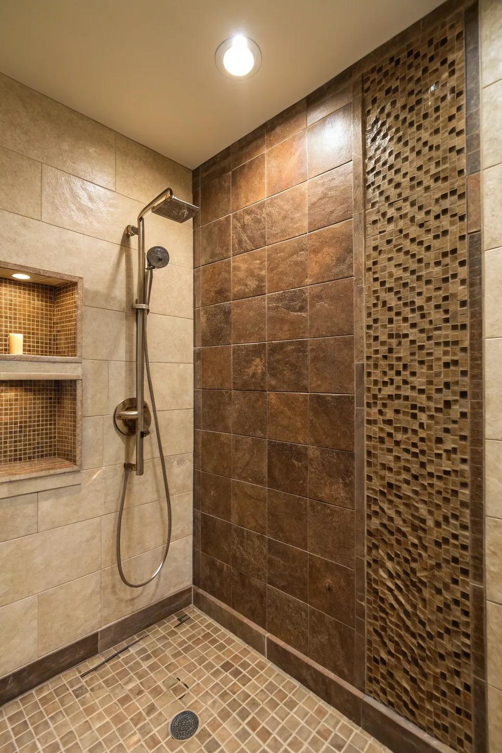 Embossed chocolate tiling introduces dimension and fascination to any shower.