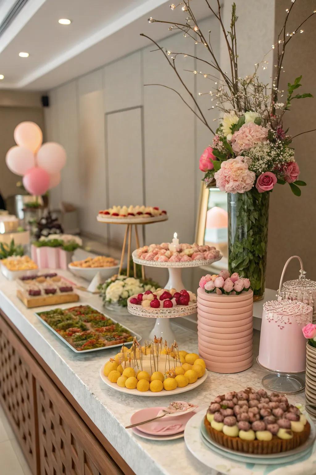 A consistent color palette creates a balanced buffet.