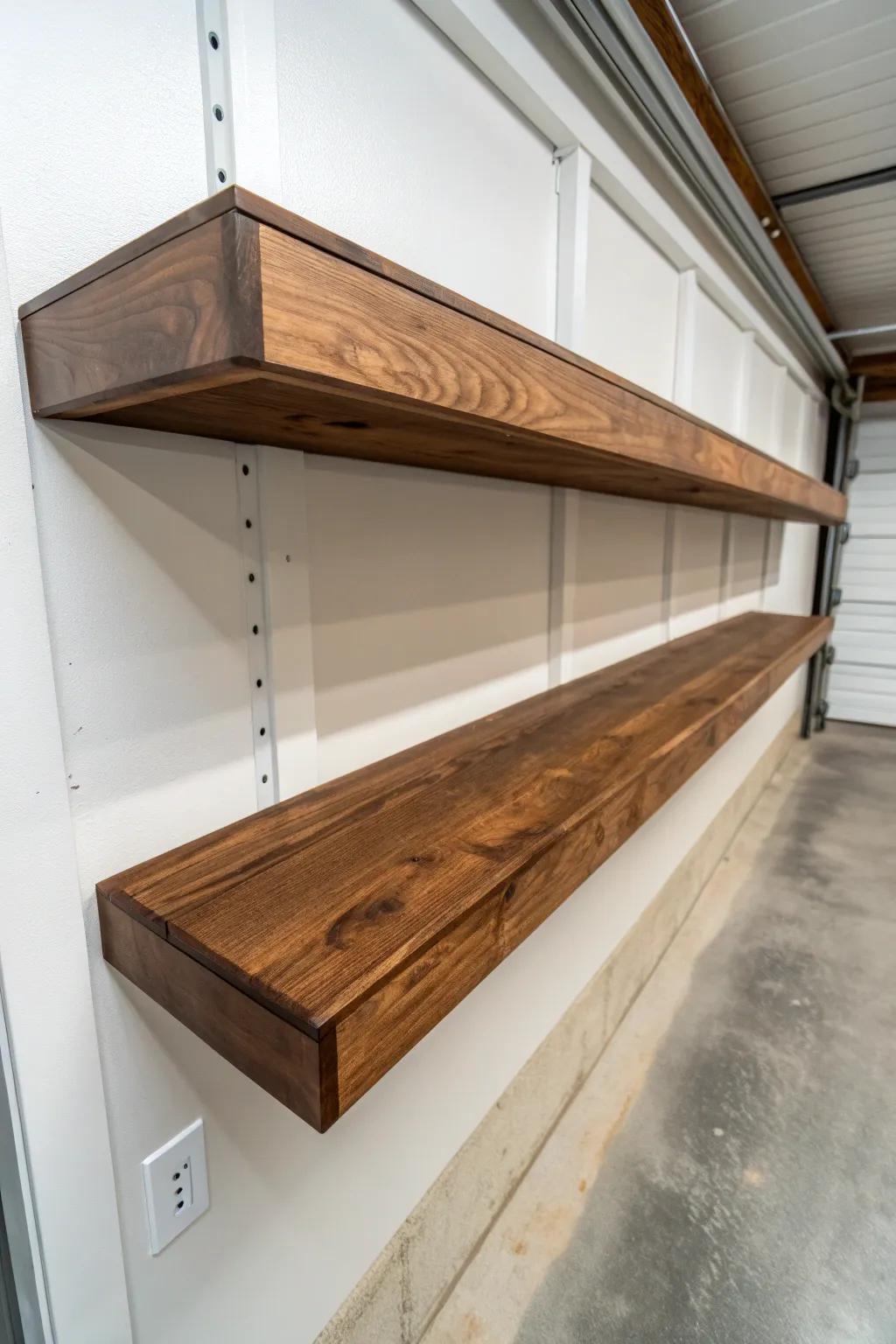 Boost your shed's style with sleek wall-mounted shelves—where elegance meets practicality.