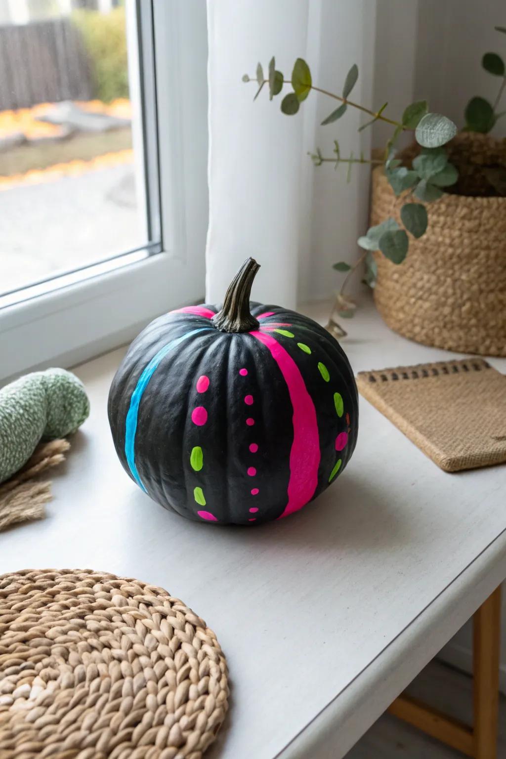 Bold and Beautiful: Elevate your autumn decor with striking neon contrasts on a textured pumpkin.