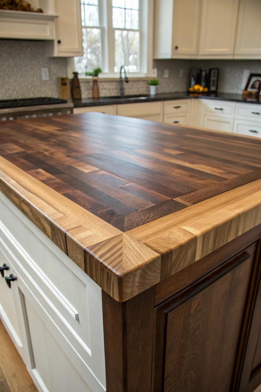 Elevate your culinary space with the bold contrast of a dual-tone butcher block masterpiece.