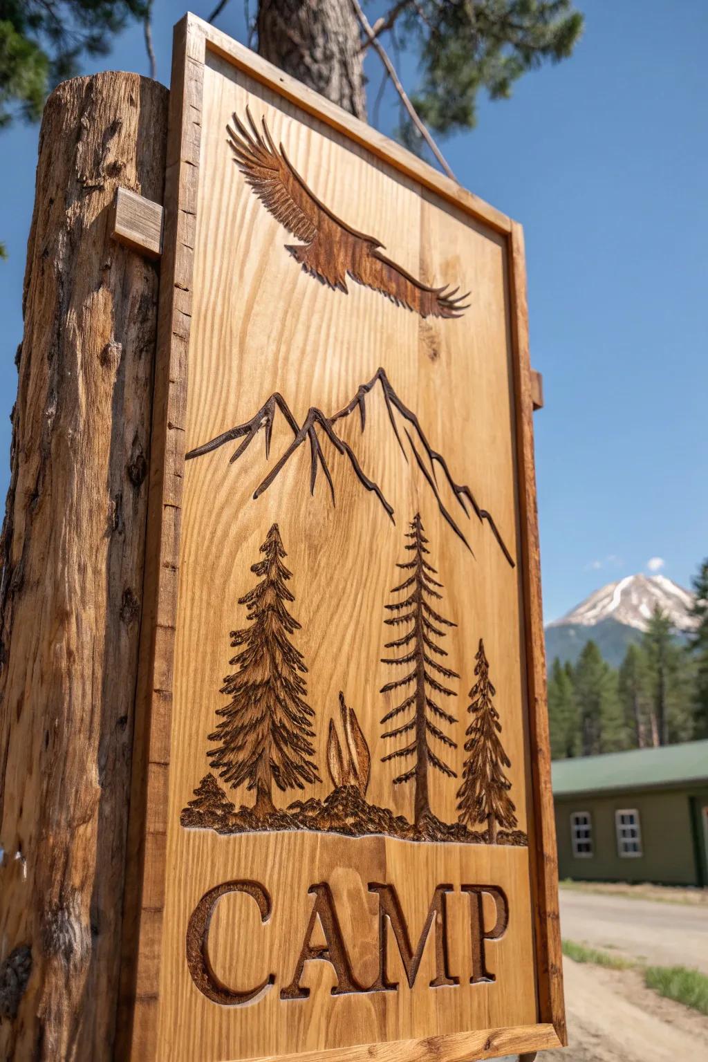 Convey the serene allure of the mountains to your campsite with this skillfully crafted marker.