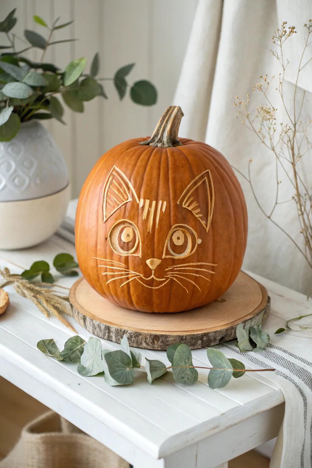 Capture the playful charm of autumn with this Inquisitive Kitten pumpkin carving, blending artistry and natural beauty.