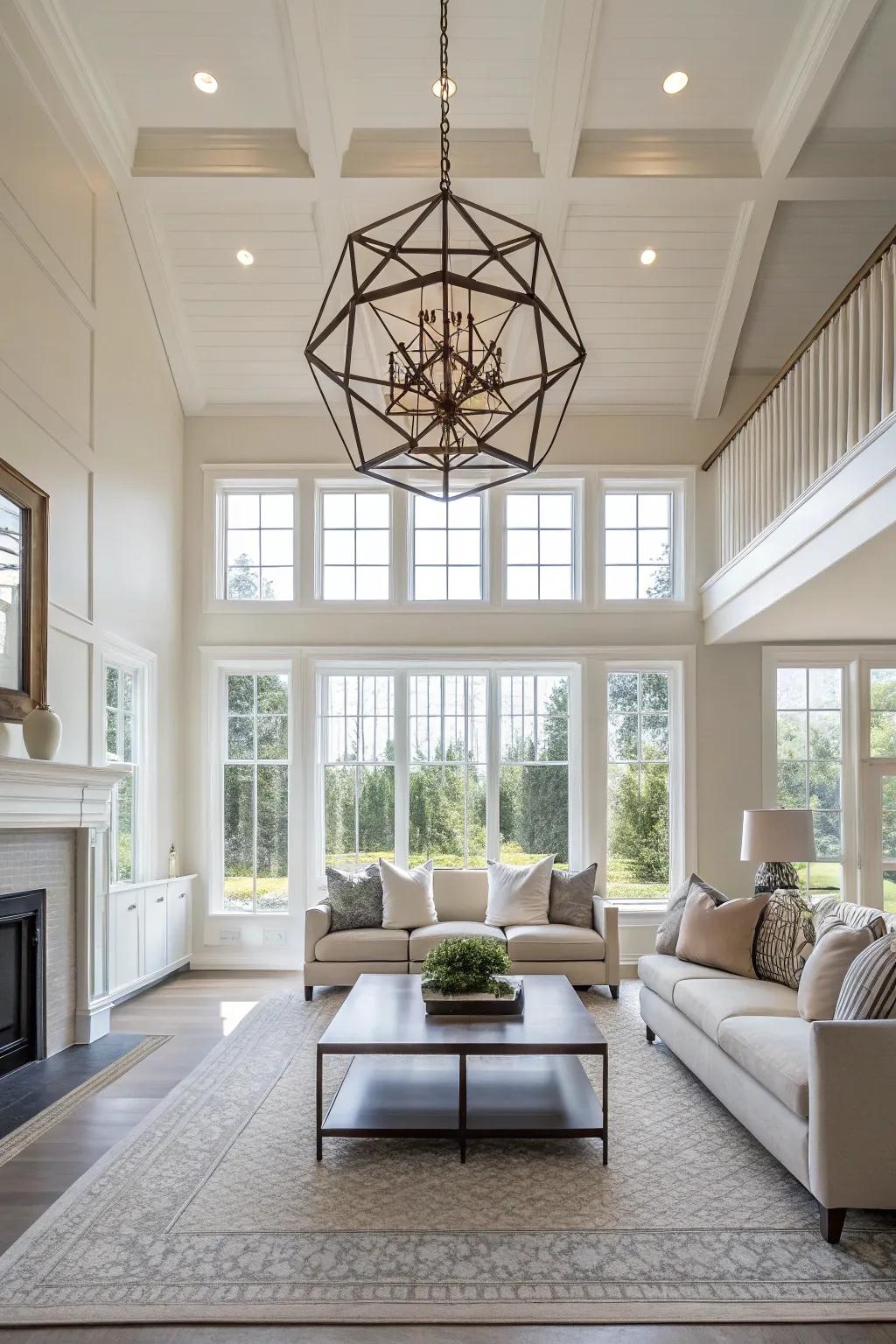 A contemporary minimalist lounge displays a geometric chandelier.