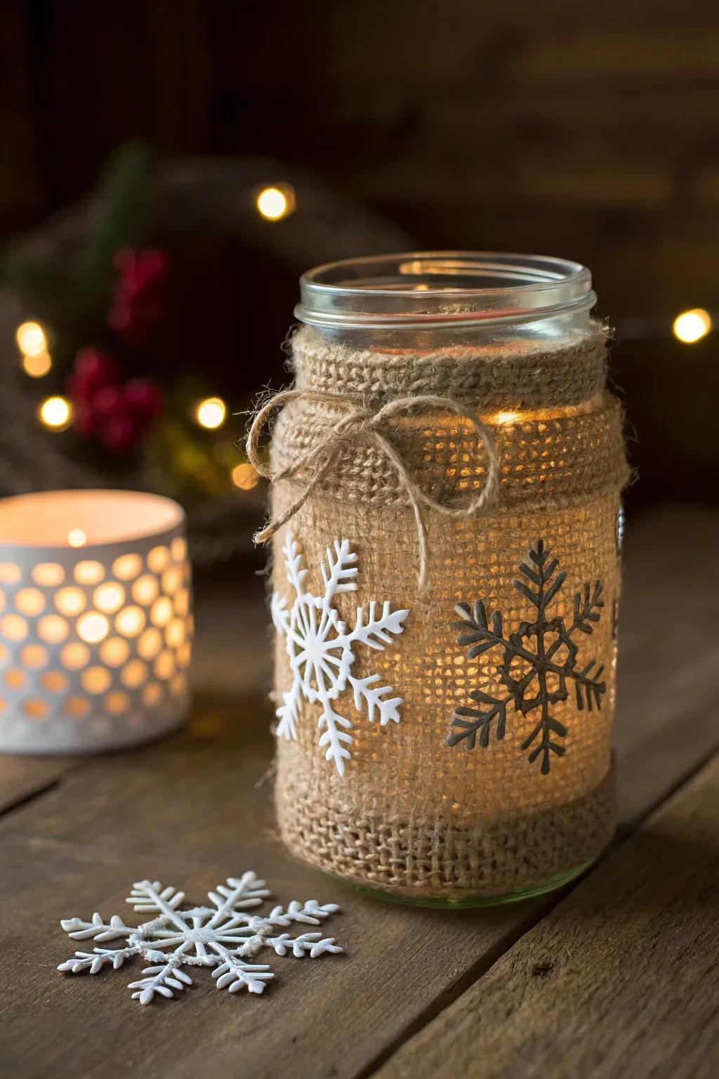 This holiday season, embrace rustic elegance with jars adorned with snowflakes.