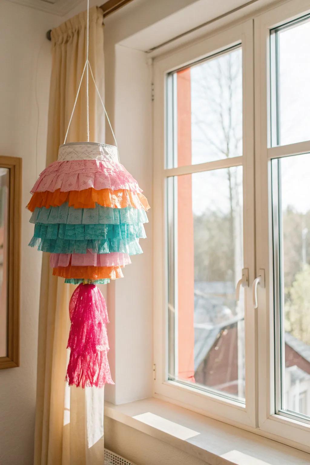 Capture the sunlight with radiant party favor-inspired window decor, an impeccable fusion of celebratory hues and understated refinement.