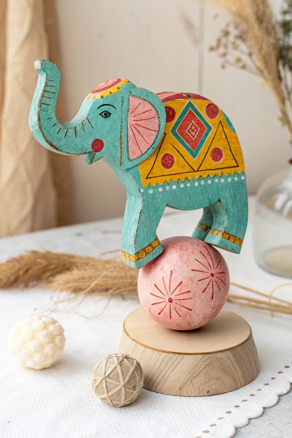 Indulge in the allure of handcrafted equilibrium with these vibrant, reclaimed cardboard pachyderms!