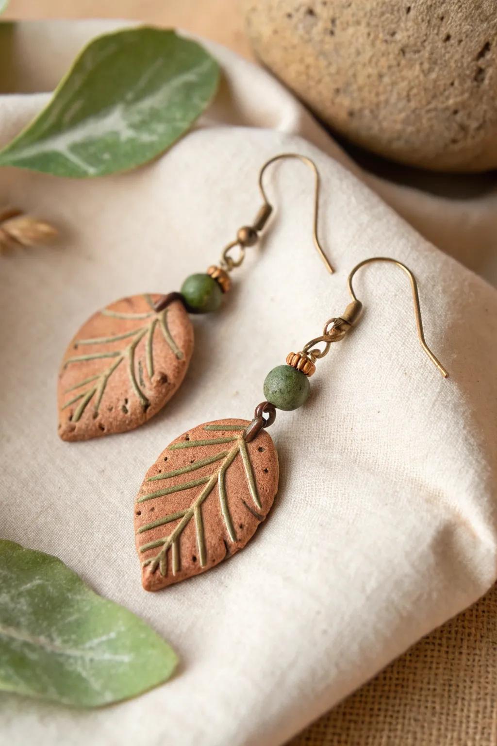 Celebrate nature's charm with these handcrafted leaf-shaped clay bead earrings, ideal for a minimalist style.