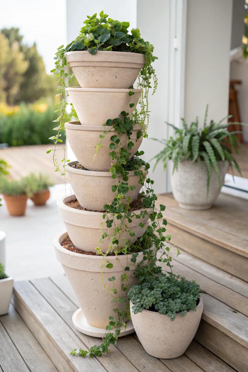 Enrich your veranda through the innate allure of a vertically arranged earthenware container assemblage.