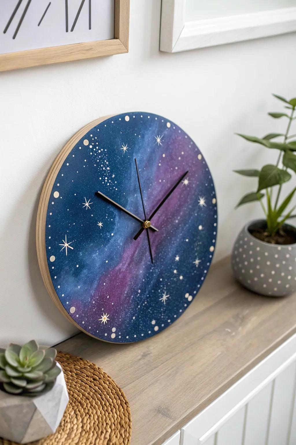 Redefine time into artistry via a galactic-inspired clock visage, conveying the cosmos to your residing space.