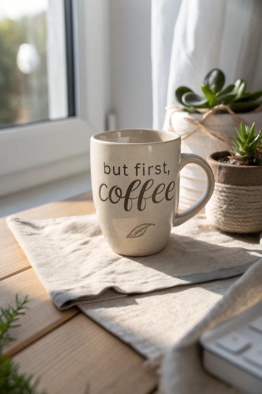 Start your day with simplicity and style: 'But First, Coffee'.