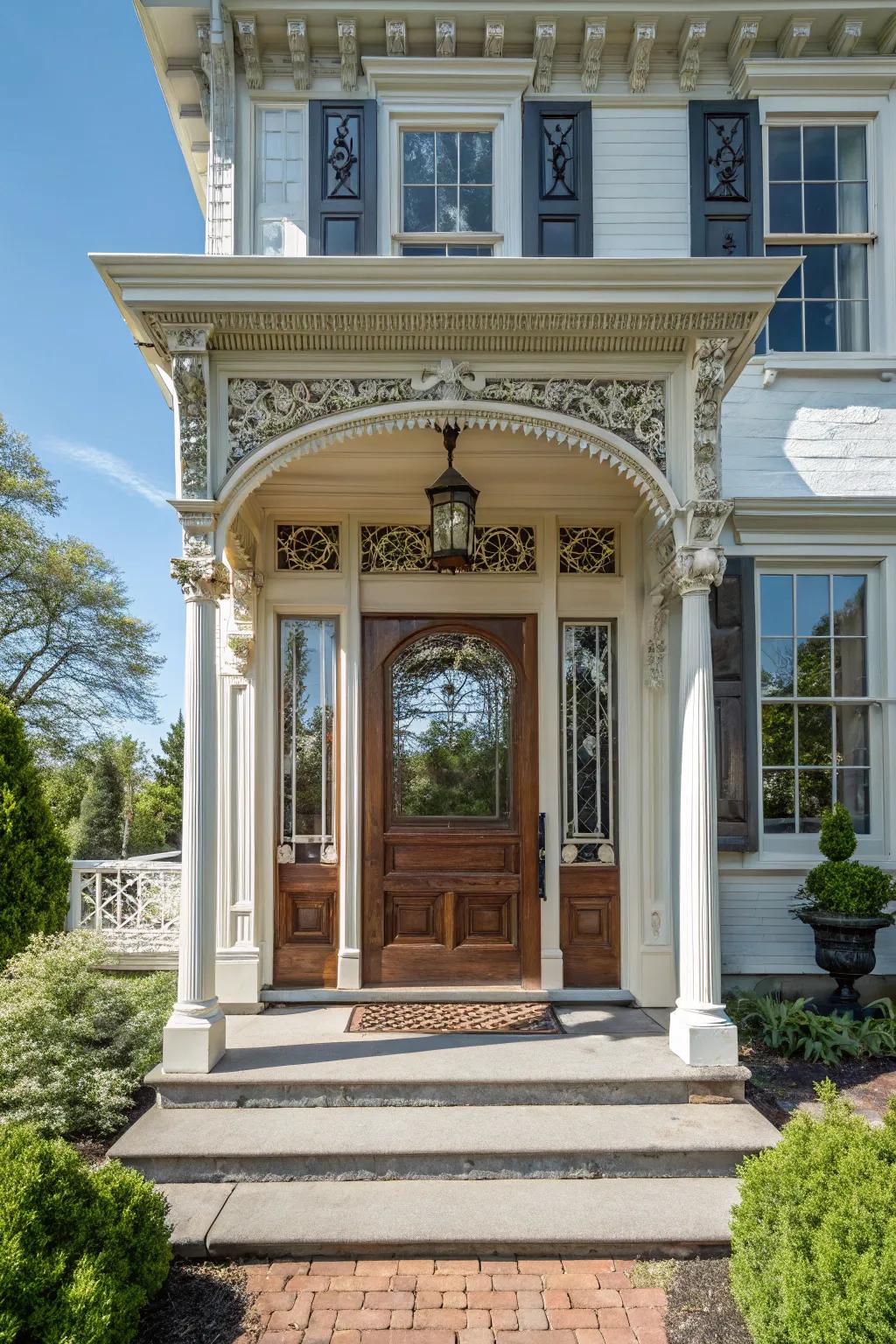 Vertical windows draw in natural light and enrich the charm of your colonial portal.