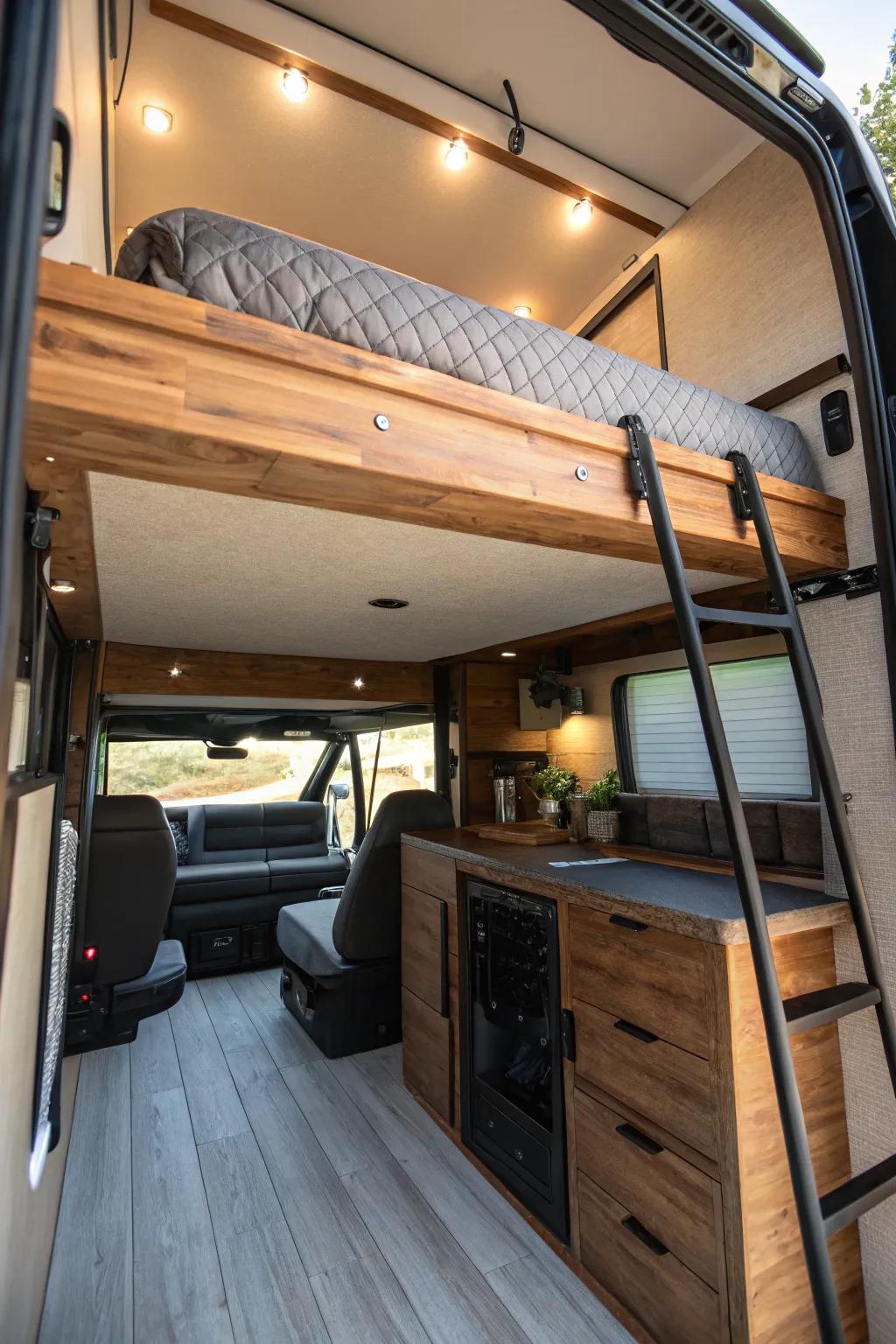 Raise your adventure: Discover the perfect balance of style and practicality with this elevated loft bunk layout.