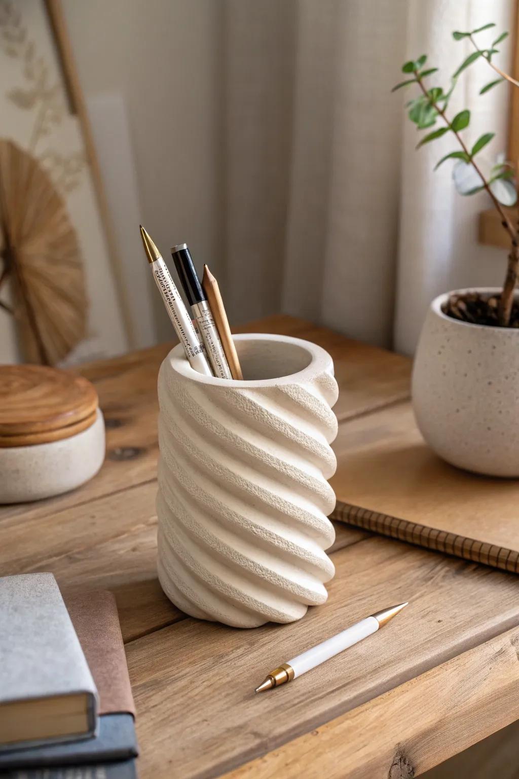 Elevate your desk with a handcrafted clay writing implement holder that combines practicality with simple artistry.