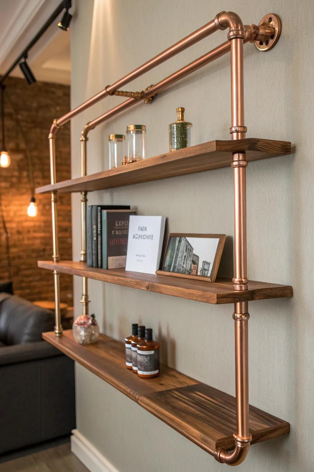 Elevate your space with an understated copper pipe wall display, blending modern design with practical artistry.