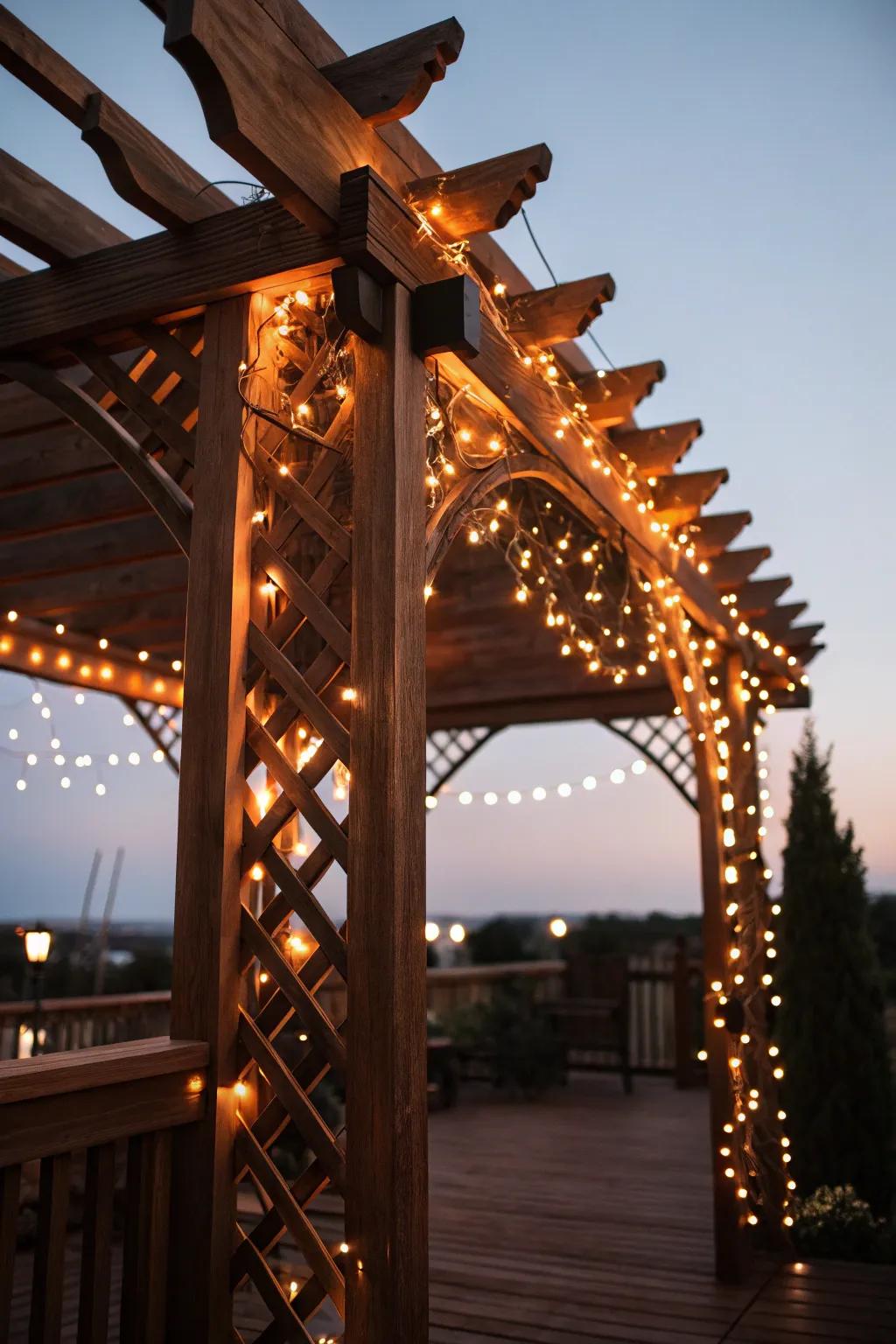 Transform your deck into a captivating sanctuary with the understated grace of fairy lights.