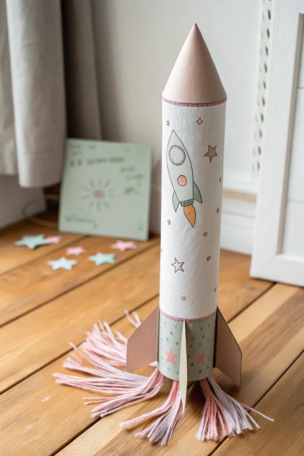 With this lovely cardboard tube rocket, you can blast off into a world of imagination!