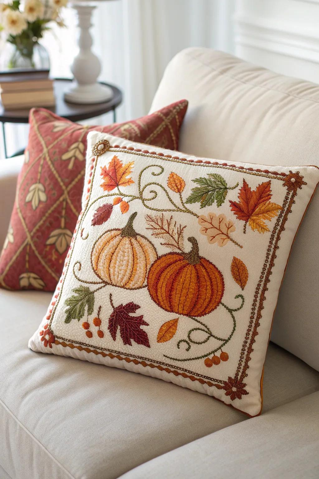Delight in the inviting ambiance of fall with a handcrafted cross-stitched pillow that imparts warmth and charm to your minimalist setting.
