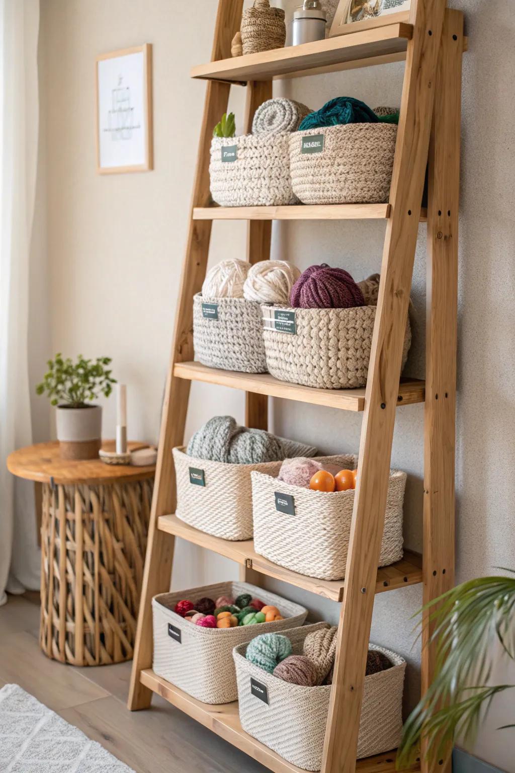 Make your craft corner better with fancy tiered shelves that mix simple style with relaxed charm.