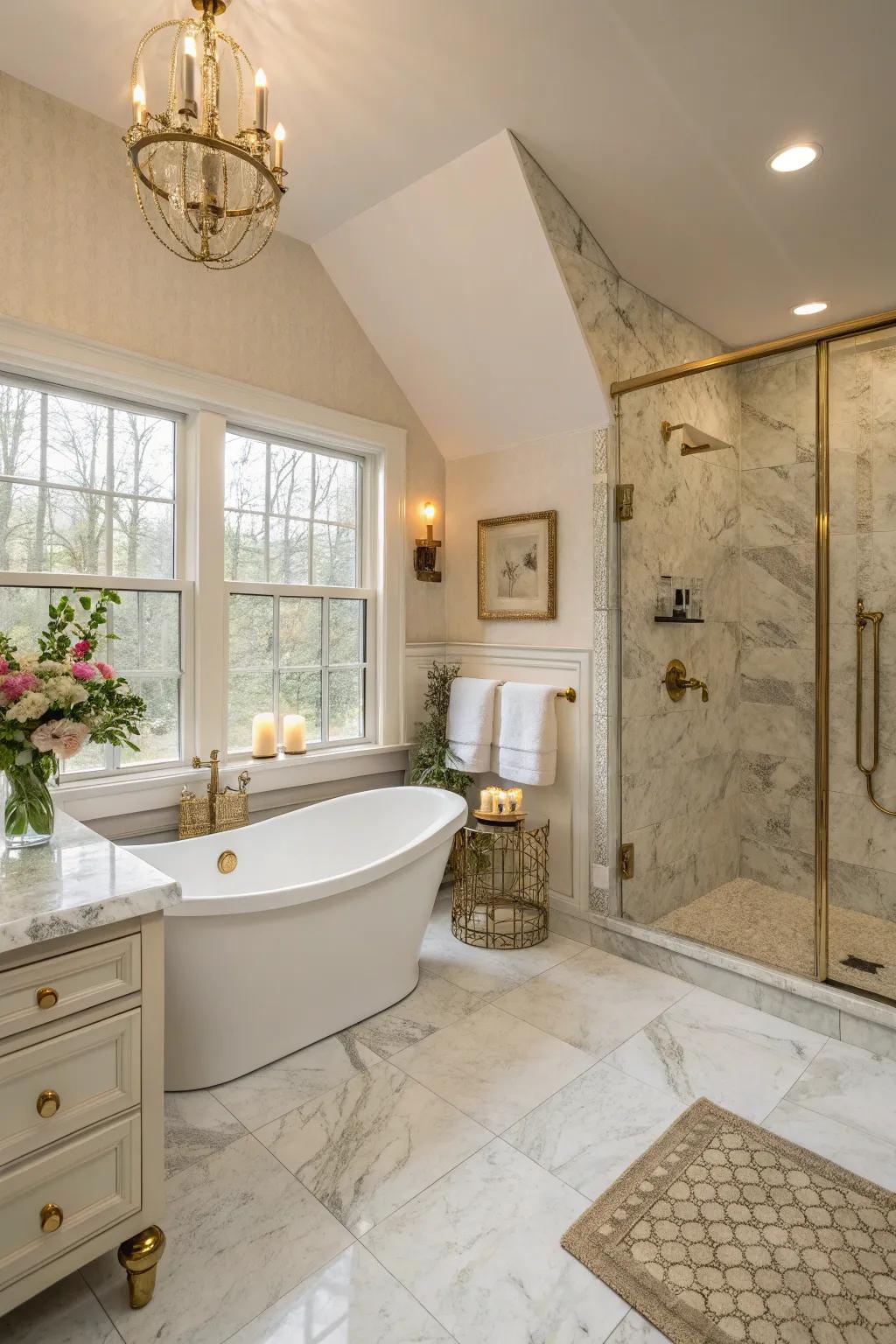 A tranquil master bathing room featuring a detached tub and open shower.