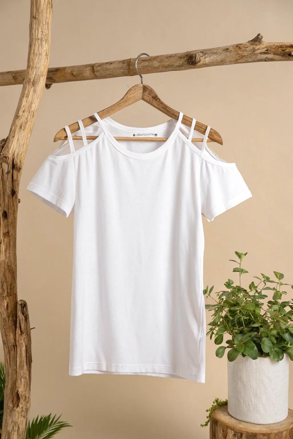 Revamp your tee with a stylish bare shoulder cut for a hint of effortless style.