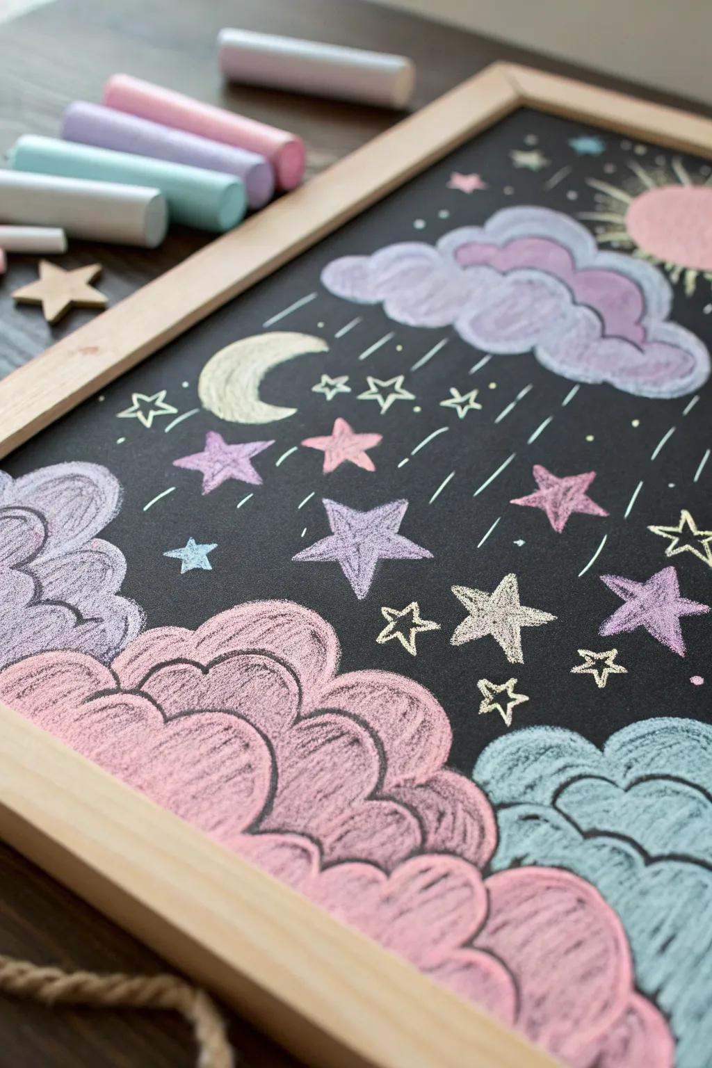Uncover the enchantment of gentle chalk artistry with this dreamy cloudscape, perfect for imparting a hint of whimsy to your area.