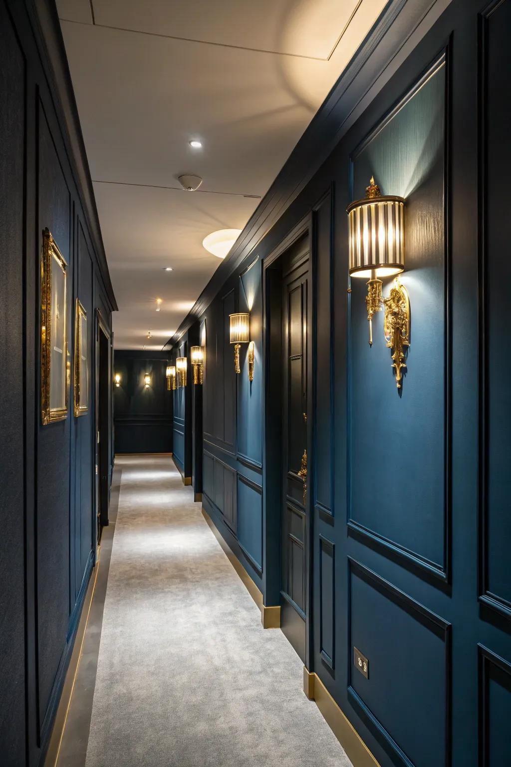 Gilded features inject a hint of extravagance into a deep azure corridor.