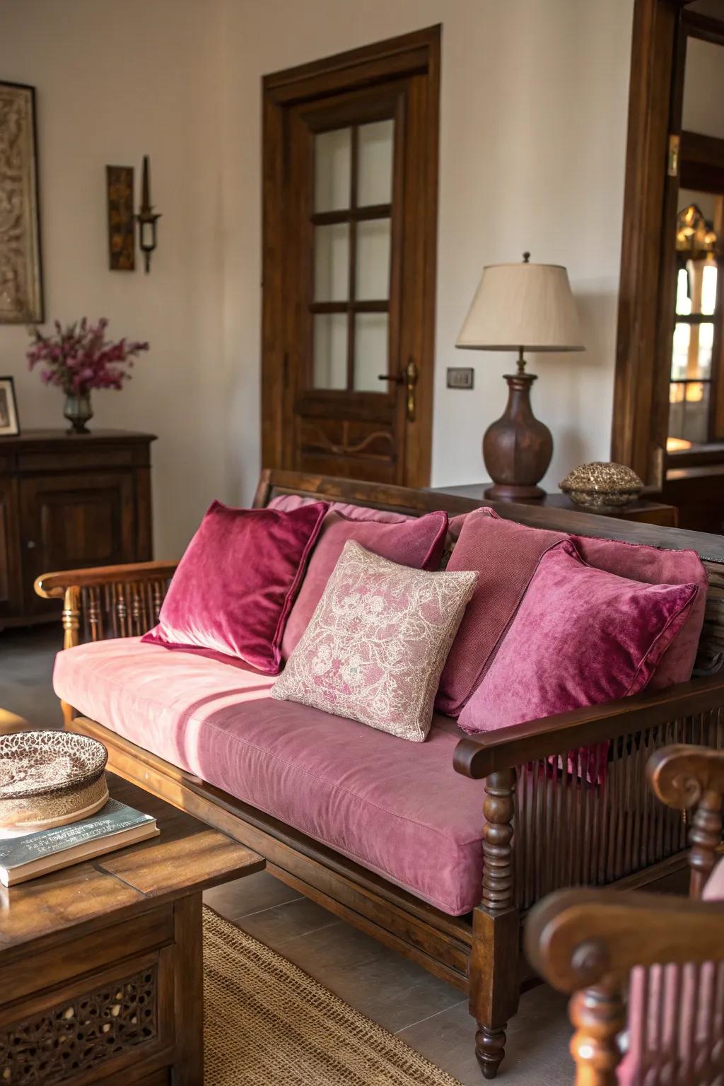 The opulent blend of suede and timber harmoniously.