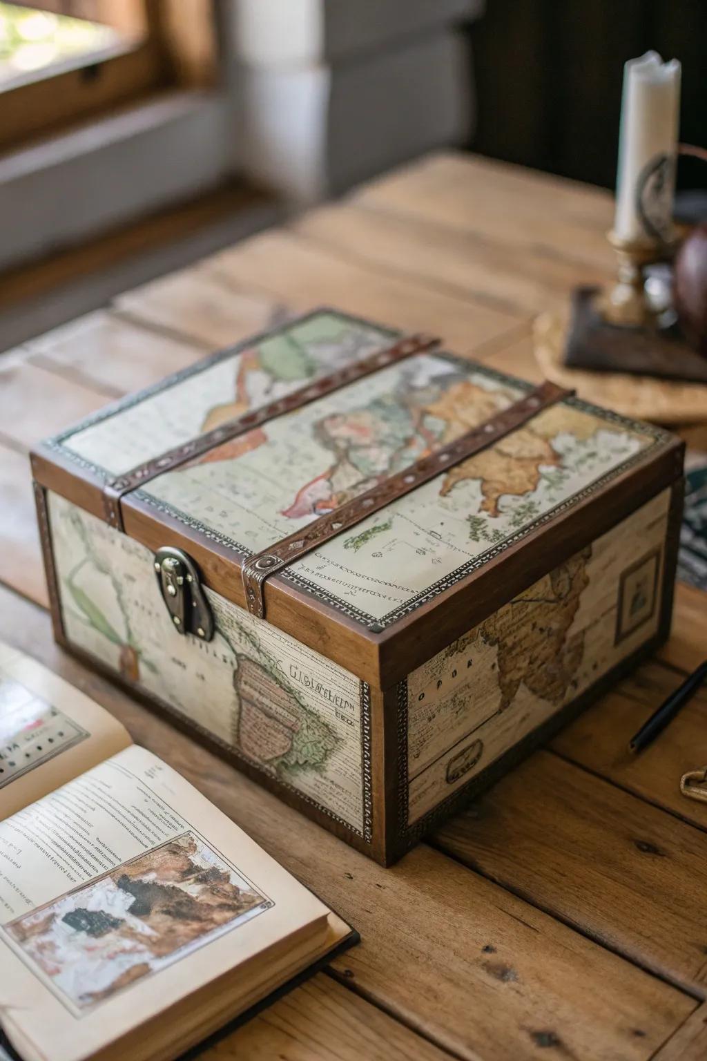 A travel-themed box, using maps to safeguard treasured memories.