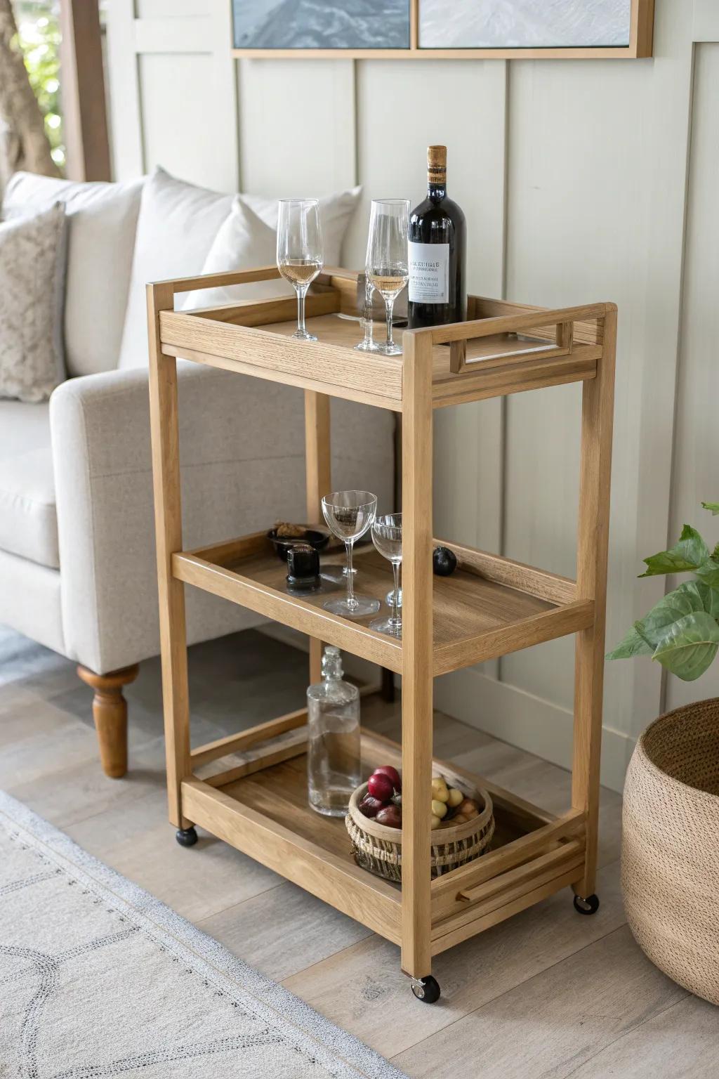 Transform your space with sublime simplicity: a handcrafted drinks trolley that celebrates the ethos of understatement.